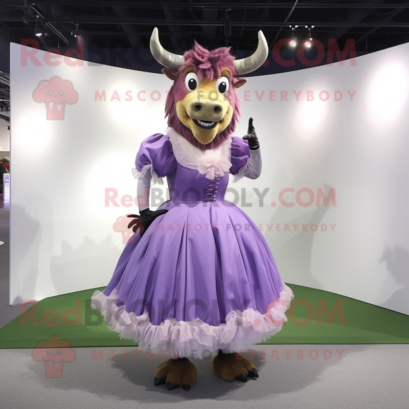 Lavender Minotaur mascot costume character dressed with a Ball Gown and Lapel pins