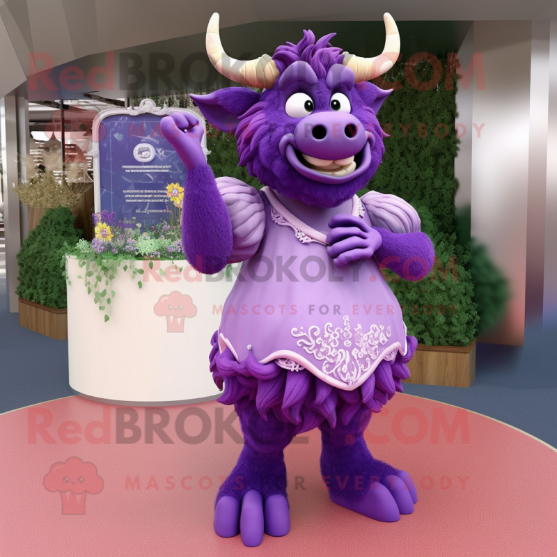 Lavender Minotaur mascot costume character dressed with a Ball Gown and Lapel pins