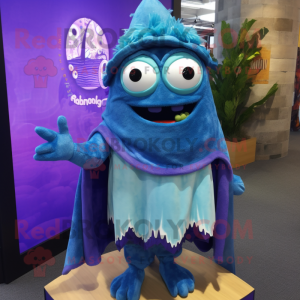 Blue Ceviche mascot costume character dressed with a Vest and Shawl pins