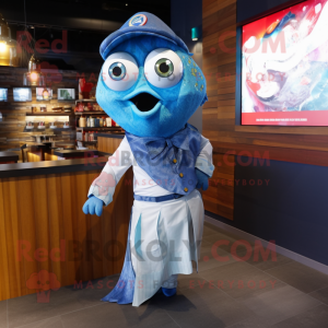 Blue Ceviche mascot costume character dressed with a Vest and Shawl pins