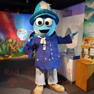 Blue Ceviche mascot costume character dressed with a Vest and Shawl pins