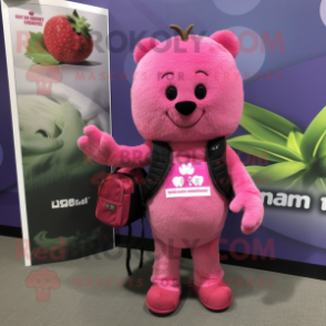 Pink Raspberry mascot costume character dressed with a Sheath Dress and Backpacks