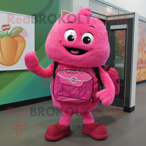 Pink Raspberry mascot costume character dressed with a Sheath Dress and Backpacks