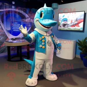 Cyan Swordfish mascot costume character dressed with a Button-Up Shirt and Necklaces