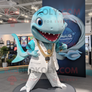 Cyan Swordfish mascot costume character dressed with a Button-Up Shirt and Necklaces