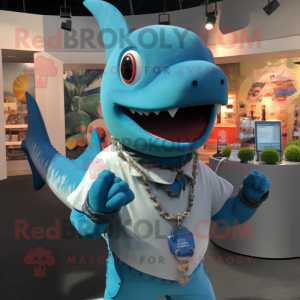 Cyan Swordfish mascot costume character dressed with a Button-Up Shirt and Necklaces