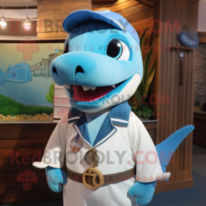 Cyan Swordfish mascot costume character dressed with a Button-Up Shirt and Necklaces