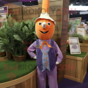 Lavender Carrot mascot costume character dressed with a Chambray Shirt and Lapel pins