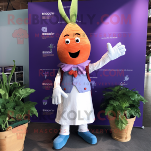 Lavender Carrot mascot costume character dressed with a Chambray Shirt and Lapel pins