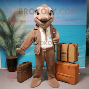 Brown Dolphin mascot costume character dressed with a Romper and Briefcases
