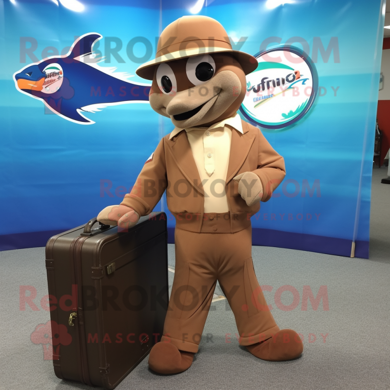 Brown Dolphin mascot costume character dressed with a Romper and Briefcases