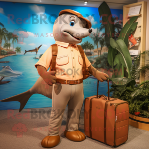 Brown Dolphin mascot costume character dressed with a Romper and Briefcases