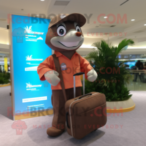 Brown Dolphin mascot costume character dressed with a Romper and Briefcases