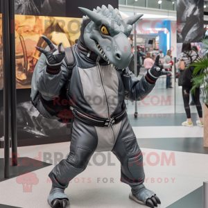 Gray Parasaurolophus mascot costume character dressed with a Moto Jacket and Backpacks