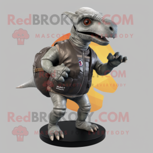 Gray Parasaurolophus mascot costume character dressed with a Moto Jacket and Backpacks