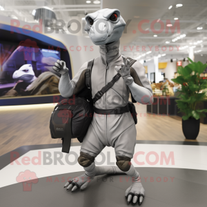 Gray Parasaurolophus mascot costume character dressed with a Moto Jacket and Backpacks