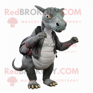 Gray Parasaurolophus mascot costume character dressed with a Moto Jacket and Backpacks