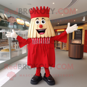 Red French Fries mascot costume character dressed with a A-Line Dress and Suspenders