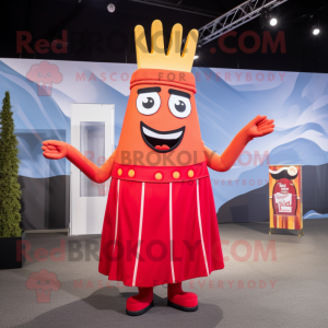 Red French Fries mascot costume character dressed with a A-Line Dress and Suspenders