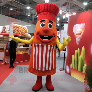 Red French Fries mascot costume character dressed with a A-Line Dress and Suspenders