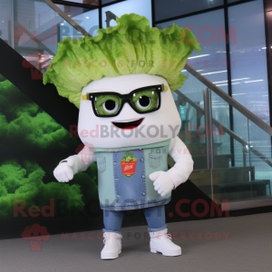 White Caesar Salad mascot costume character dressed with a Flare Jeans and Eyeglasses