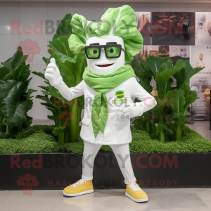 White Caesar Salad mascot costume character dressed with a Flare Jeans and Eyeglasses