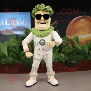 White Caesar Salad mascot costume character dressed with a Flare Jeans and Eyeglasses