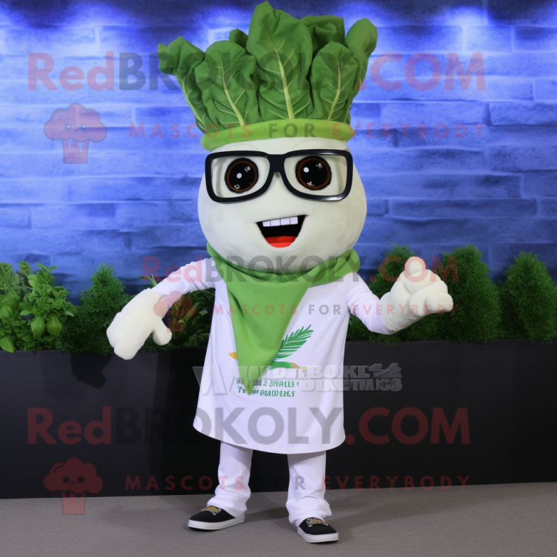 White Caesar Salad mascot costume character dressed with a Flare Jeans and Eyeglasses