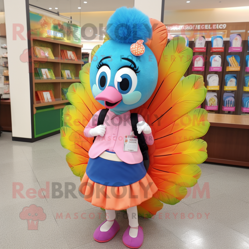 Peach Peacock mascot costume character dressed with a Pencil Skirt and Backpacks
