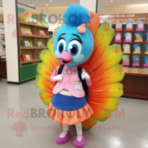 Peach Peacock mascot costume character dressed with a Pencil Skirt and Backpacks