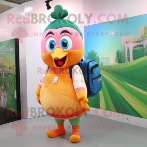 Peach Peacock mascot costume character dressed with a Pencil Skirt and Backpacks