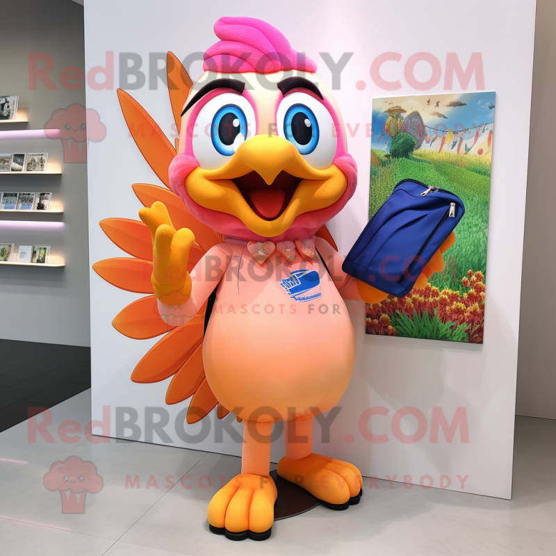 Peach Peacock mascot costume character dressed with a Pencil Skirt and Backpacks Peach Peacock mascot costume character dressed with a Pencil Skirt and Backpacks