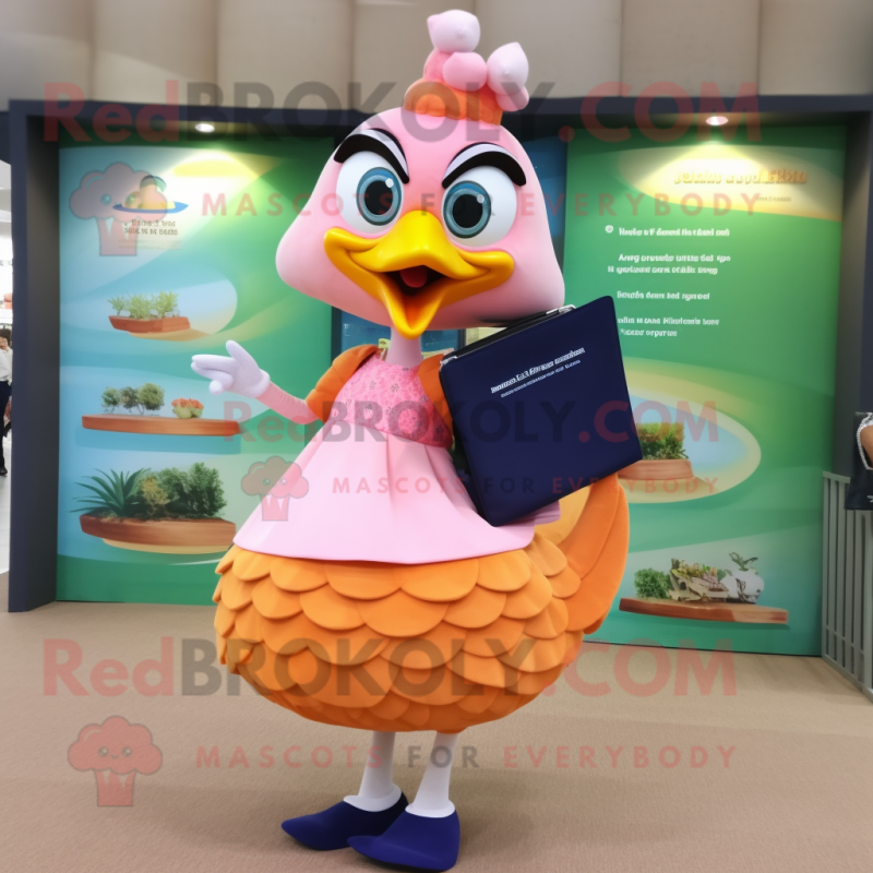 Peach Peacock mascot costume character dressed with a Pencil Skirt and Backpacks