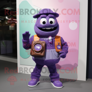 Purple Camera mascot costume character dressed with a Poplin Shirt and Wallets