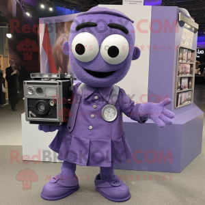 Purple Camera mascot costume character dressed with a Poplin Shirt and Wallets