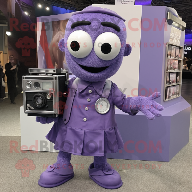 Purple Camera mascot costume character dressed with a Poplin Shirt and Wallets Purple Camera mascot costume character dressed with a Poplin Shirt and Wallets