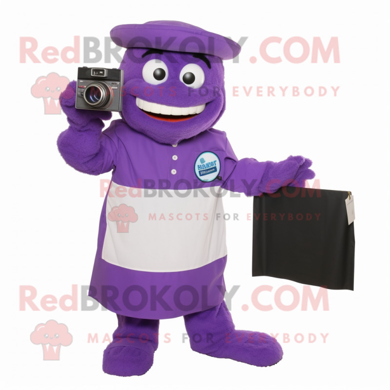 Purple Camera mascot costume character dressed with a Poplin Shirt and Wallets