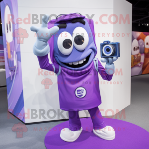 Purple Camera mascot costume character dressed with a Poplin Shirt and Wallets
