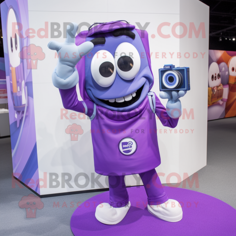 Purple Camera mascot costume character dressed with a Poplin Shirt and Wallets