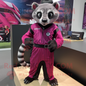 Magenta Civet mascot costume character dressed with a Rash Guard and Suspenders