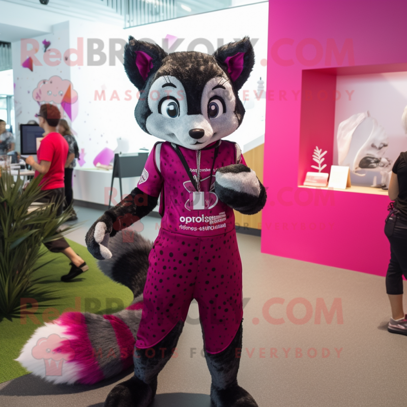 Magenta Civet mascot costume character dressed with a Rash Guard and Suspenders