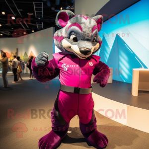 Magenta Civet mascot costume character dressed with a Rash Guard and Suspenders