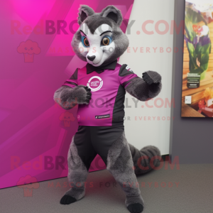 Magenta Civet mascot costume character dressed with a Rash Guard and Suspenders