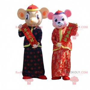 2 mascotas de ratón con trajes tradicionales asiáticos -