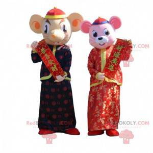 2 mascottes de souris en tenues traditionnelles asiatiques -