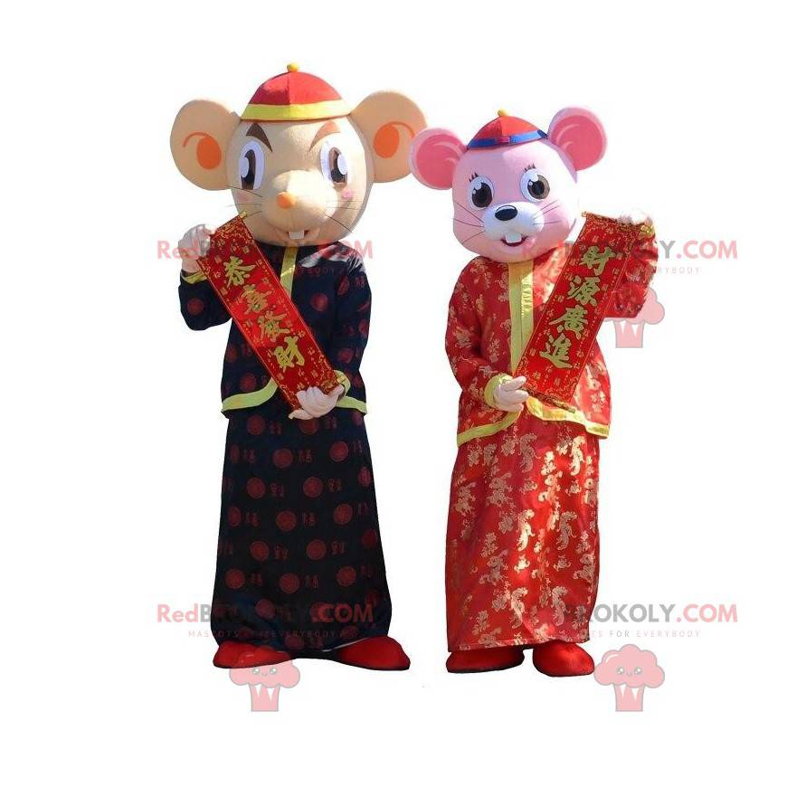 2 mascotas de ratón con trajes tradicionales asiáticos -