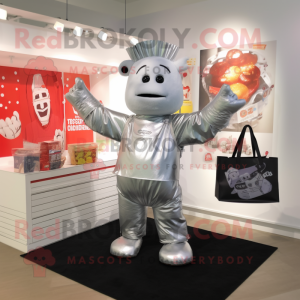 Silver Bbq Ribs mascot costume character dressed with a Romper and Tote bags