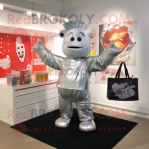 Silver Bbq Ribs mascot costume character dressed with a Romper and Tote bags