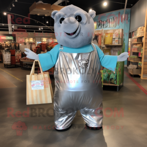 Silver Bbq Ribs mascot costume character dressed with a Romper and Tote bags