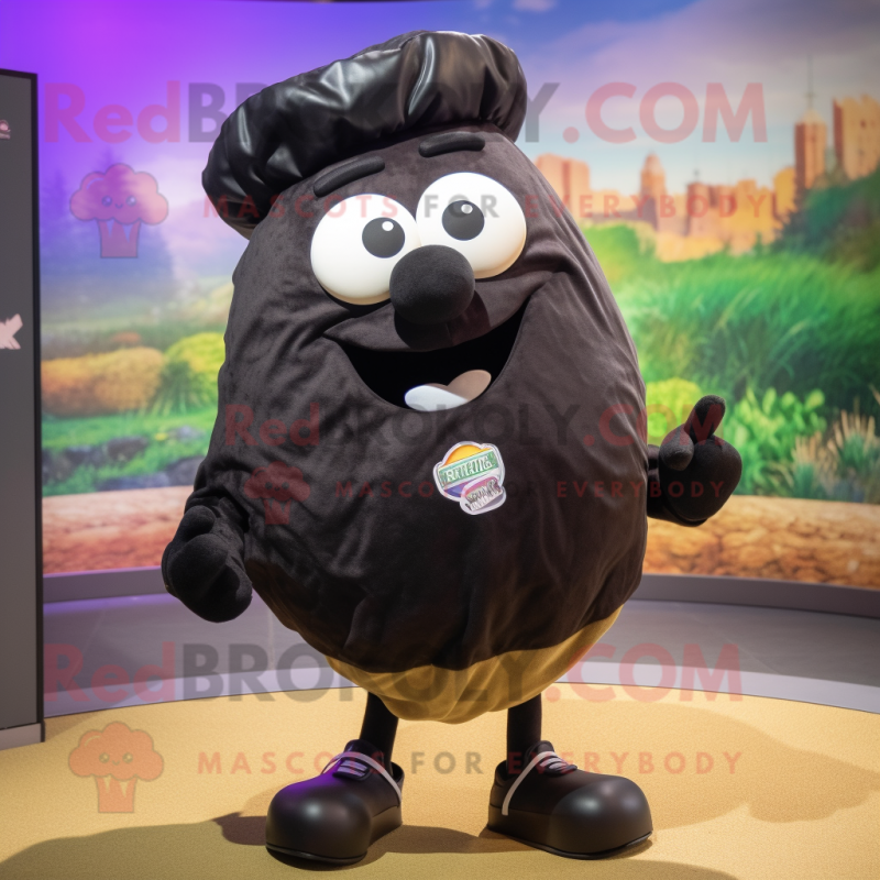 Black Potato mascot costume character dressed with a Bermuda Shorts and Headbands